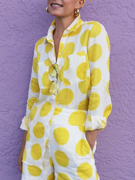 

Shirt Collar Polka Dots Casual Regular Fit Blouse, Yellow, Blouses and Shirts