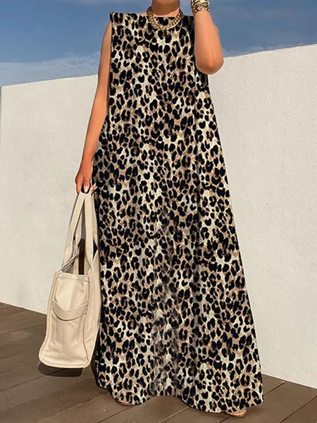

Urban Loose Crew Neck Sleeveless Long Dress, Leopard, Maxi Dresses