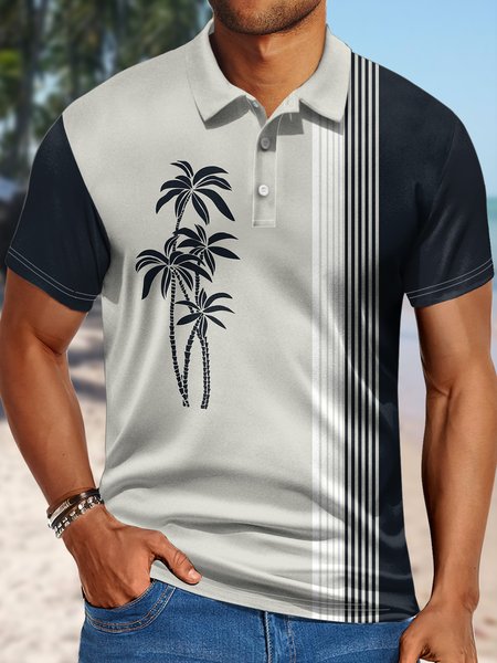 

Men's Coconut Tree Vacation Style Tropical Hawaii Striped Art Print Polo Collar Urban Polo Shirt, Light gray, T-shirts