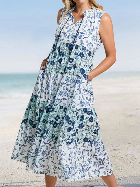 

Loose Notched Floral Vacation Dress, Blue, Dresses