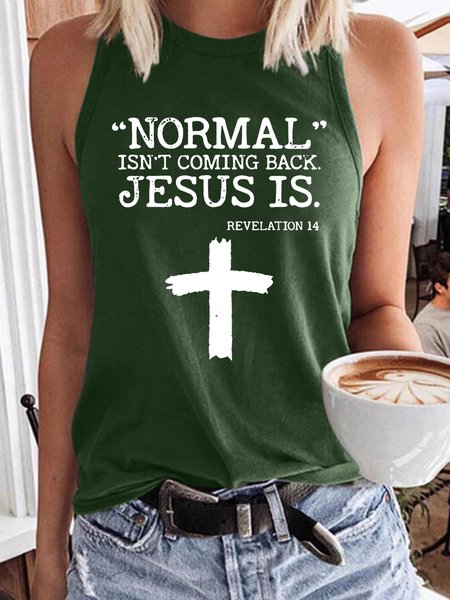 

Women’s Normal Isn’t Coming Back Jesus Is Text Letters Casual Cotton-Blend Regular Fit Tank Top, Green, Tank Tops