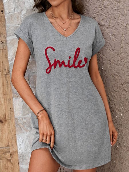 

Women's summer short-sleeved V-neck alphabet print T-shirt dress, Gray, Dresses