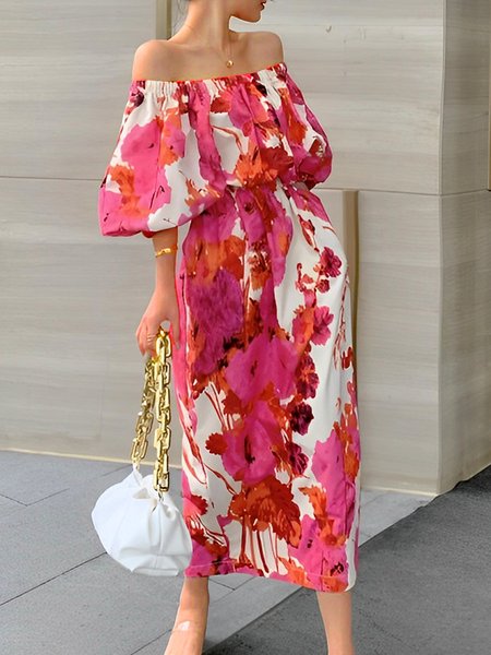 

Vacation Cold Shoulder Floral Midi Dress, Deep pink, Midi Dresses