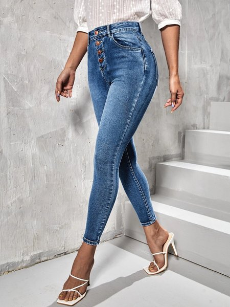 

Plain Urban Regular Fit Buttoned Denim Jeans, Blue, Jeans
