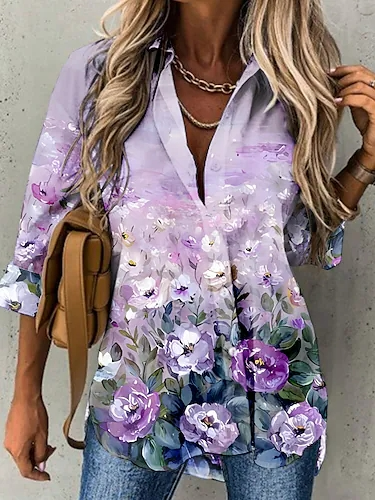 

Casual Shirt Collar Floral Loose Blouse, Purple, Shirts & Blouses