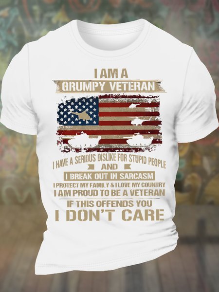 

Men's I Am A Grumpy Veteran I Have A Serious Dislike For Stupid People And I Break Out In Sarcasm If This Offends You I Don't Care Funny America Flag Graphic Printing Cotton Casual Loose T-Shirt, White, T-shirts