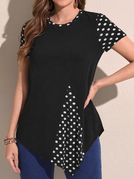 

Women's summer color contrast splicing wave dot fake two short sleeve T-shirt, Black, T-Shirts