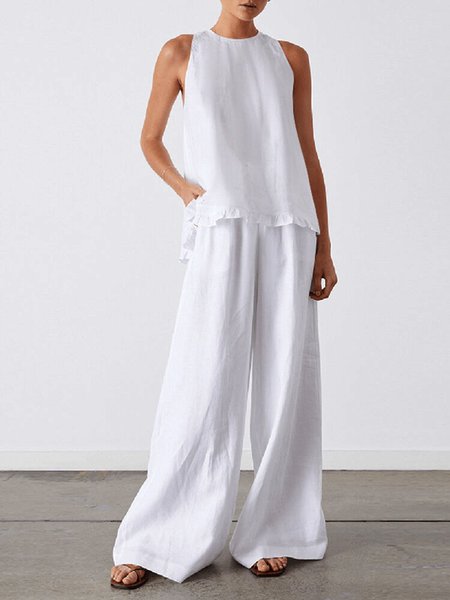 

Cotton And Linen Linen Plain Two-Piece Set, White, Suits