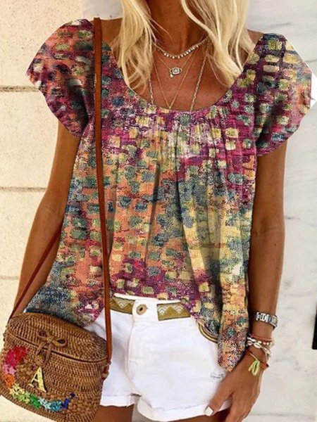 

Crew Neck Loose Random Print Ethnic T-Shirt, Multicolor, T-Shirts