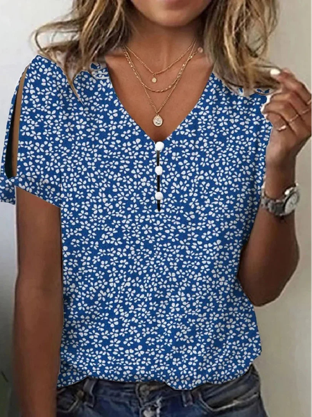 

Floral Loose Casual V Neck T-Shirt, Blue, T-Shirts