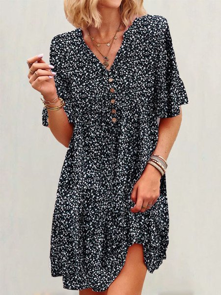 

Ditsy Floral Casual V Neck Dress, Black, Dresses