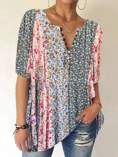 

Loose Floral V Neck Casual Shirt, Multicolor, Shirts & Blouses