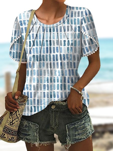 

Loose Casual Crew Neck Petal Sleeve Ombre T-Shirt, Blue, T-Shirts