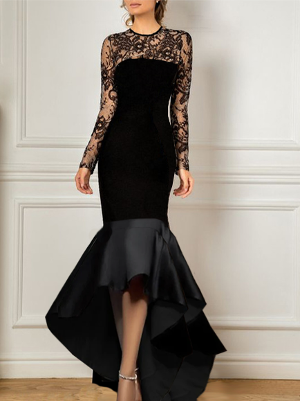 

Regular Fit Crew Neck Lace Elegant Party Dress, Black, Maxi Dresses