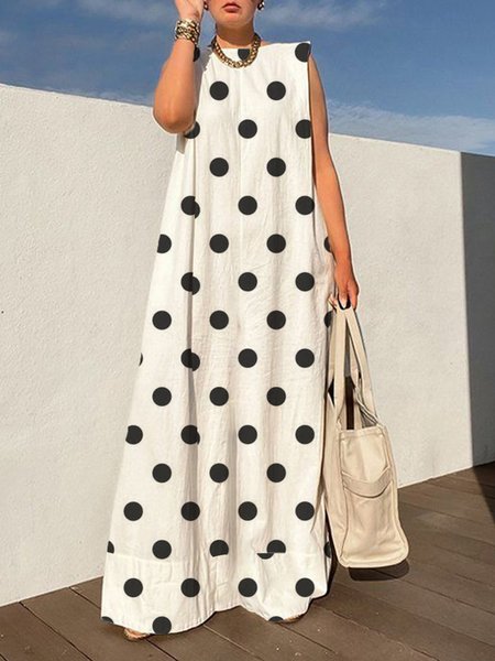 

Loose Boat Neck Elegant Polka Dots Dress, White, Maxi Dresses