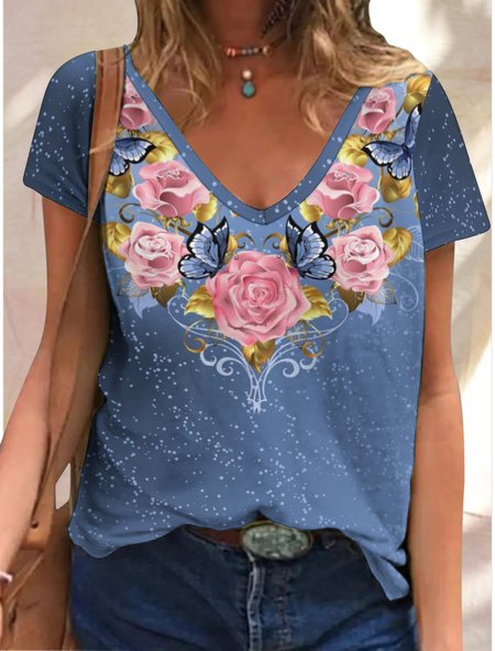

Women's Floral Crew Neck Simple Loose Mother’s Day T-Shirt, Blue, T-shirts