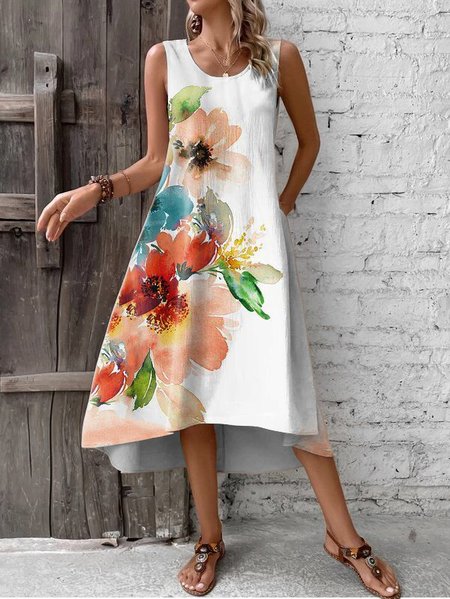 

Floral Boho Loose Cotton And Linen Dress, White, Dresses