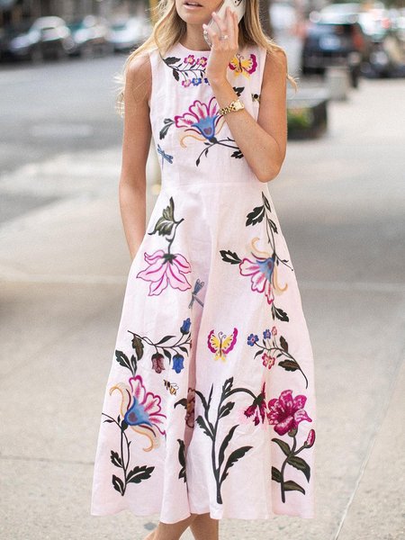 

Elegant Crew Neck Floral Print Sleeveless Pockets Dress, Pink, Midi Dresses