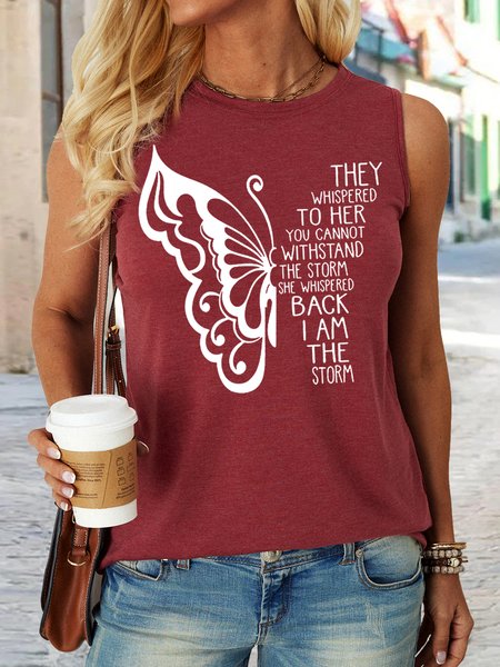 

Women‘s They Whisper To Her Butterfly Print Casual Crew Neck Letters Tank Top, Wine red, Tank Tops