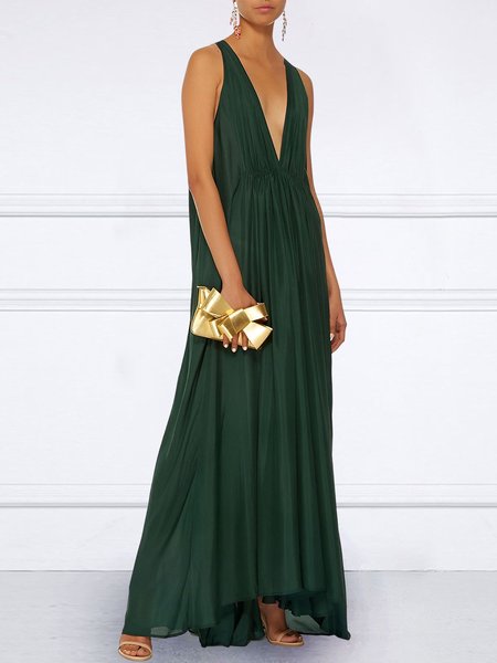 

Elegant Plain V Neck Loose Dress, Green, Maxi Dresses