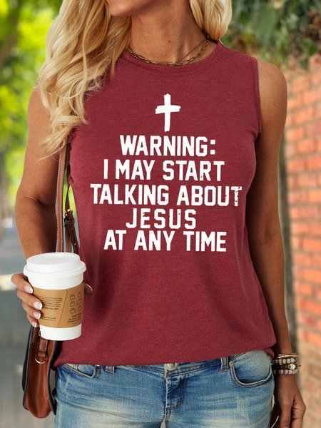 

Women's Warning I May Start Talking About Jesus At Any Time Letters Casual Crew Neck Tank Top, Wine red, Tank Tops