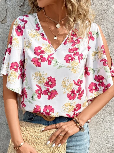 V Neck Loose Boho Floral Shirt, White, Shirts & Blouses