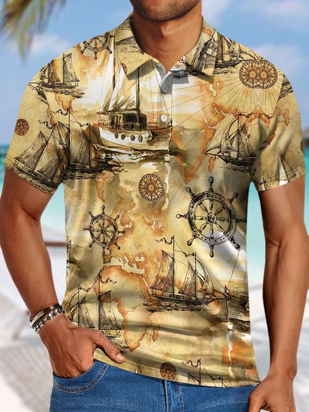 

Men’s Navigation Pattern Sea Casual Polo Shirt, As picture, T-shirts