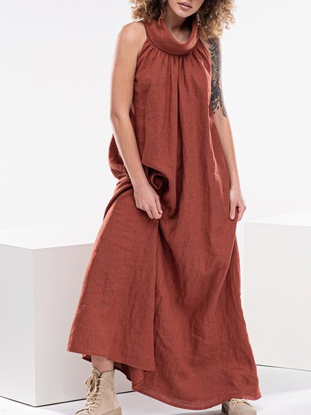 

Women's summer crewneck casual cotton linen dress, Brick red, Maxi Dresses