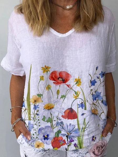 

Loose V Neck Floral Linen Shirt, White, Shirts & Blouses
