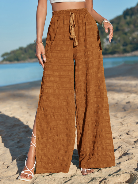 

Elastic Band Simple Plain Pants, Brown, Pants
