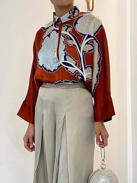 

Floral Elegant Shirt Collar Loose Blouse, Red brown, Blouses and Shirts