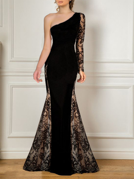 

Elegant One Shoulder Wedding Guest Dress, Black, Maxi Dresses