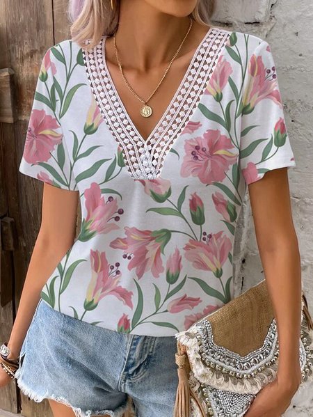 

V Neck Knitted Casual Floral T-Shirt, Pink, T-Shirts