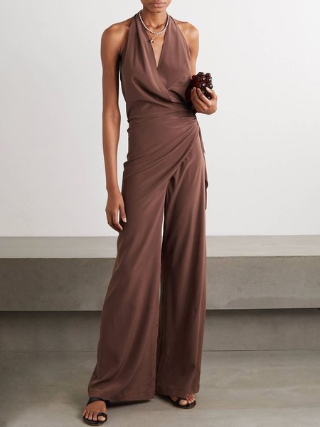 

Halter Elegant Regular Fit Sleeveless Jumpsuit, Brown, Jumpsuits