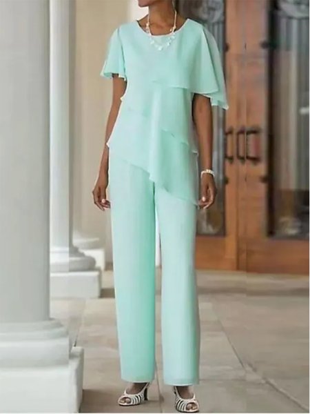 

Crew Neck Elegant Plain Two-Piece Set, Green, Tops