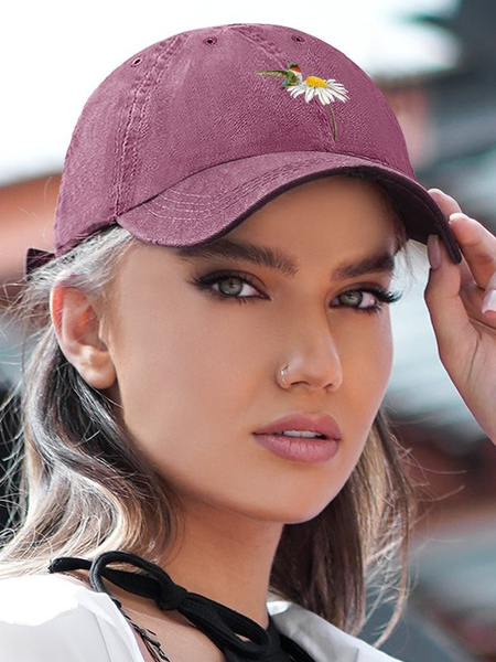 Women's Hummingbird on Daisy Adjustable Denim Hat, Wine red, Women's Hats