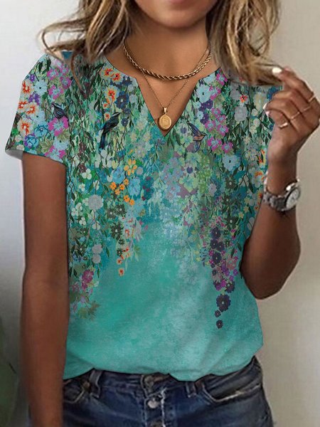 

Floral Casual V Neck T-Shirt, Green, T-Shirts