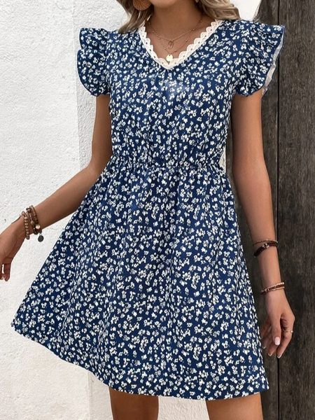 

V Neck Floral Loose Casual Dress, Blue, Dresses