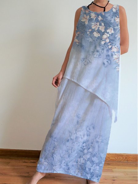 

Women's summer cotton and hemp floral print dress, Blue, Dresses