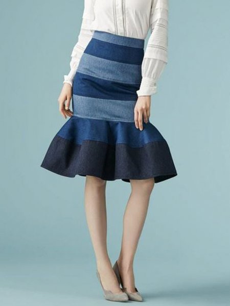 

Color Block Regular Fit Elegant Denim Skirt, Blue, Skirts