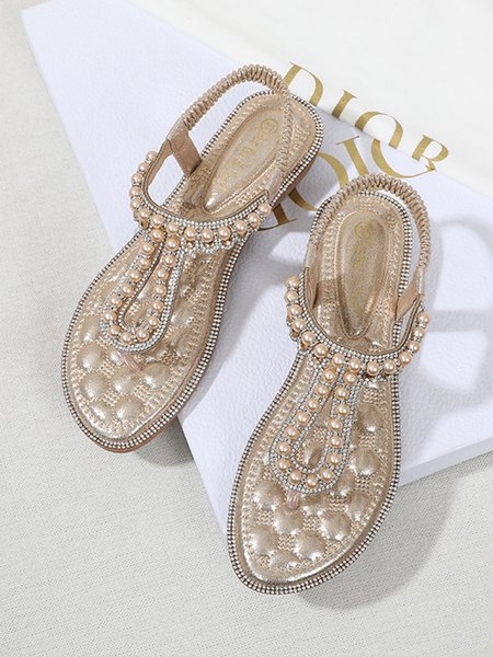 

Pearl Rhinestone Beaded Massage Soothing Holiday Sandals, Golden, Sandals