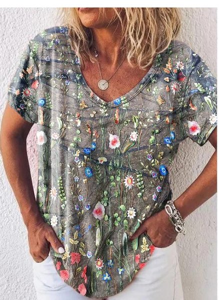 

Floral Loose Casual T-Shirt, Gray, T-Shirts