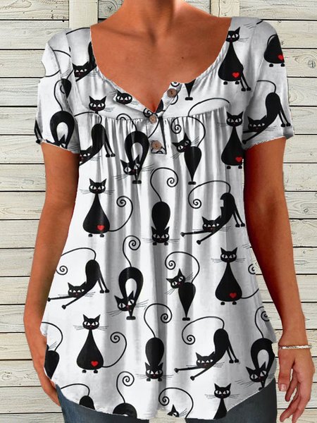

Women's Cat Lover Print Casual Loose T-Shirt, White, T-shirts