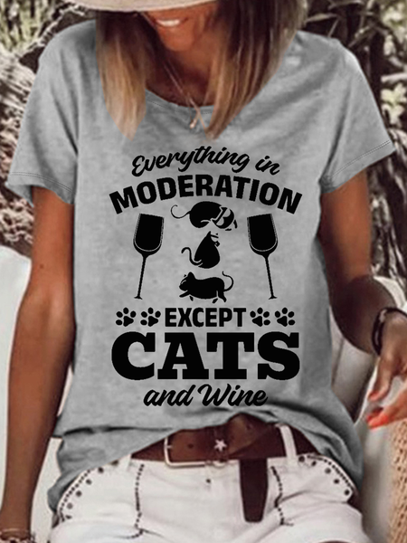 

Women's Funny Cat Lover Everything In Moderation Except Cats And Wine Casual T-Shirt, Gray, T-shirts