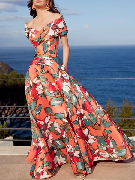 

Vacation V Neck Floral Short Sleeve Long Dress, Orange, Maxi Dresses