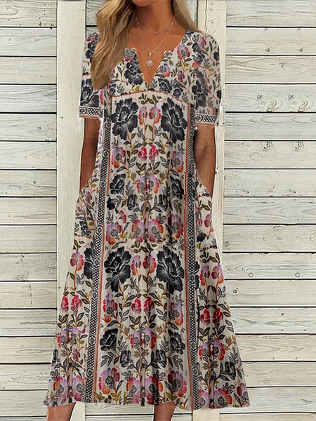 

Loose Ethnic Notched Casual Dress, Black, Dresses