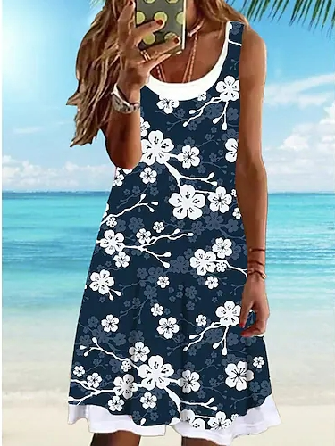 

Vacation Loose Floral Crew Neck Dress, Blue, Dresses