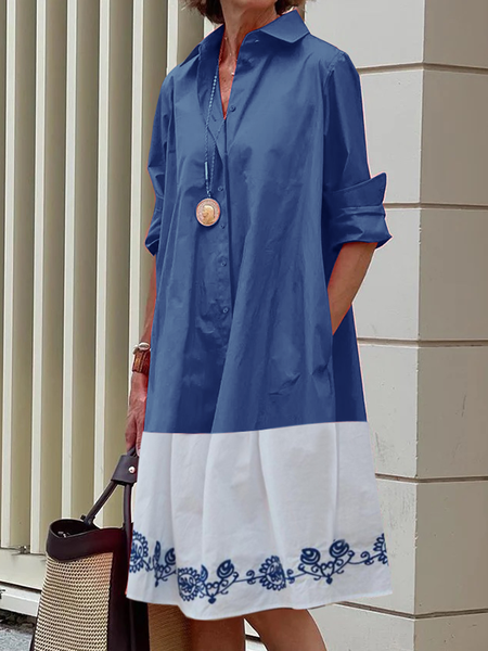 

Urban Shirt Collar Half sleeve Color Block Loose Skirt Dress, Blue, Mini Dresses