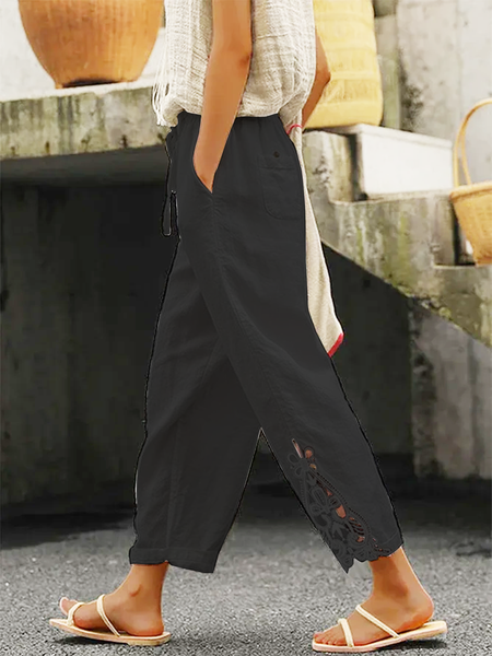 

Linen Plain Cotton And Linen Lace Pants, Black, Pants