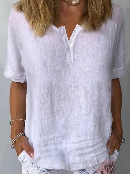 

Linen Buttoned Half Open Collar Shirt, White, Shirts & Blouses